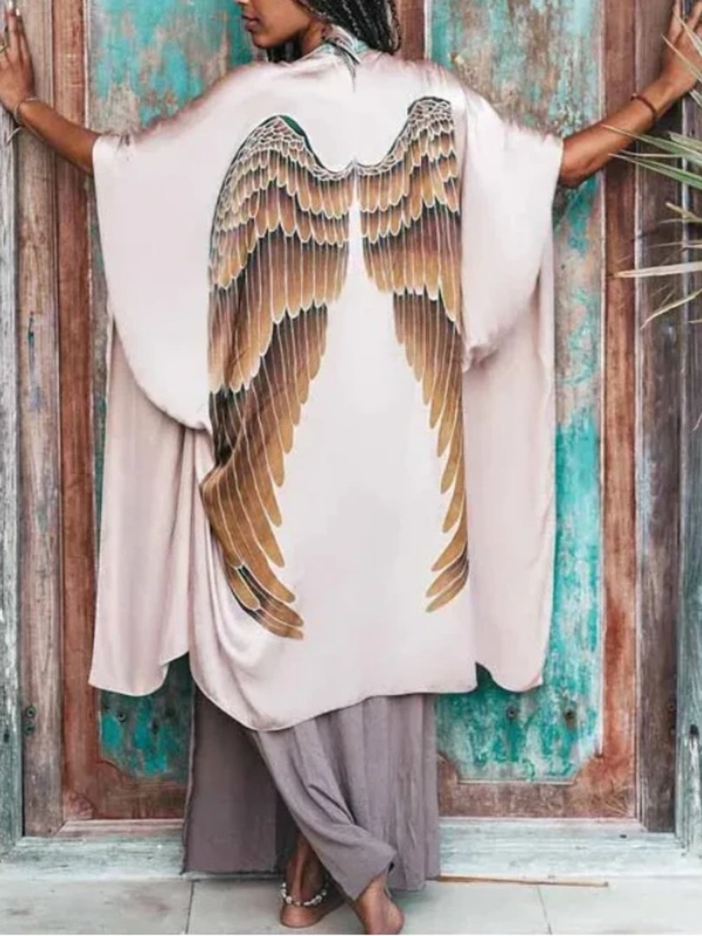 Cream Tunic Kimono with Gold Wing Back Print